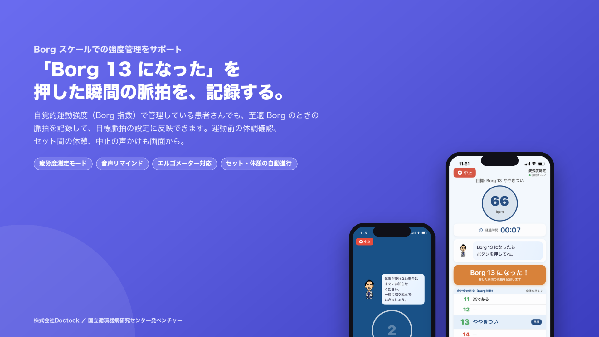 疲労度測定モード：Borg 13 になった瞬間の脈拍を記録